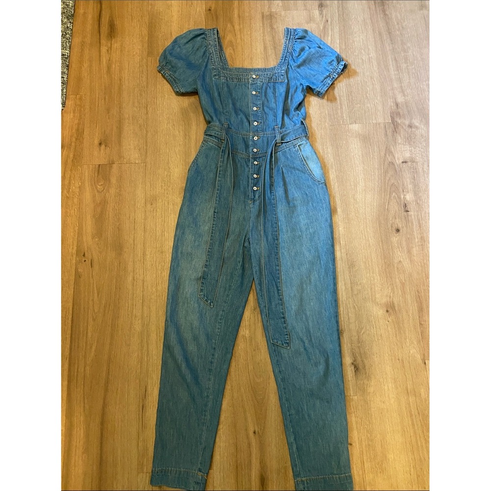 Anthropologie Pilcro Aimee Denim Jumpsuit Puff Sleeve Square Neck Size 0
